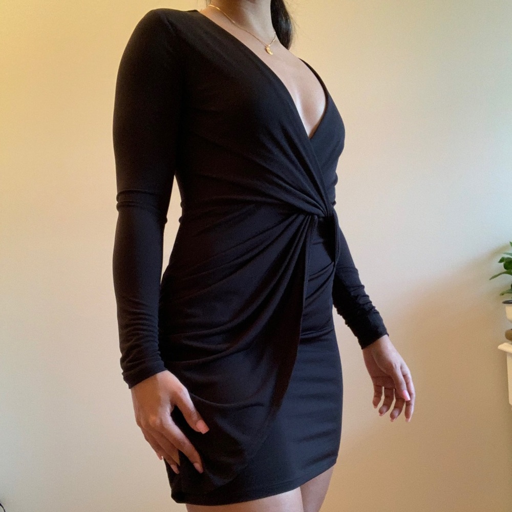 Black Wrap Front V-Neck Dress